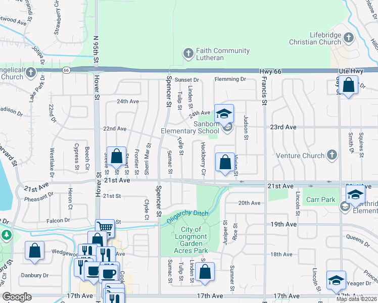 map of restaurants, bars, coffee shops, grocery stores, and more near 2157 Hackberry Circle in Longmont