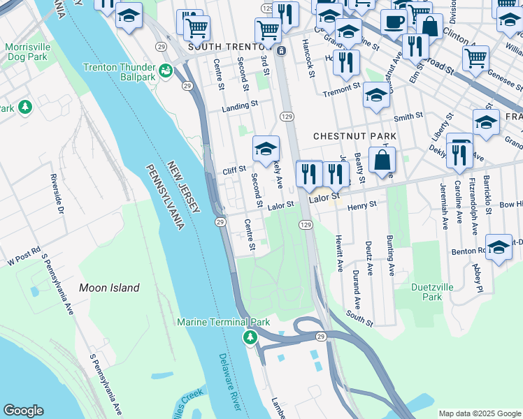 map of restaurants, bars, coffee shops, grocery stores, and more near Lalor Street & 2nd Street in Trenton
