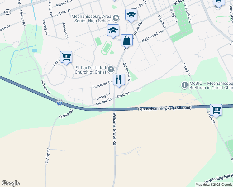 map of restaurants, bars, coffee shops, grocery stores, and more near 916 Loring Lane in Mechanicsburg