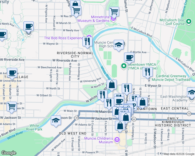map of restaurants, bars, coffee shops, grocery stores, and more near 521 North Alameda Avenue in Muncie