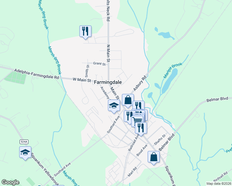 map of restaurants, bars, coffee shops, grocery stores, and more near 10 Goodenough Road in Farmingdale