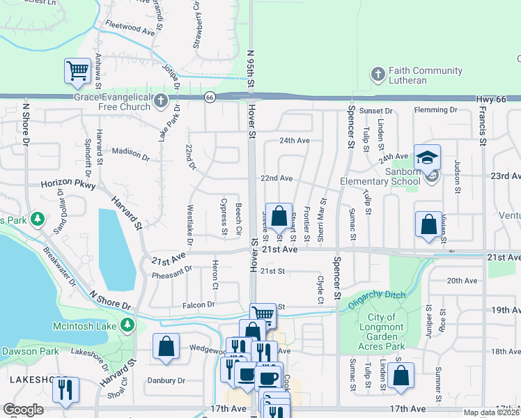 map of restaurants, bars, coffee shops, grocery stores, and more near 2173 Steele Street in Longmont