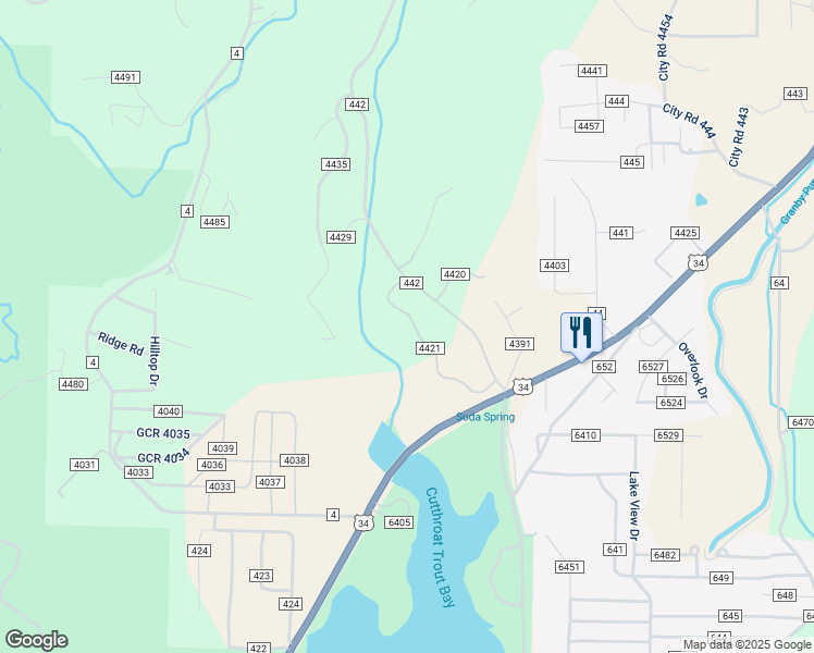 map of restaurants, bars, coffee shops, grocery stores, and more near County Road 442 in Grand Lake