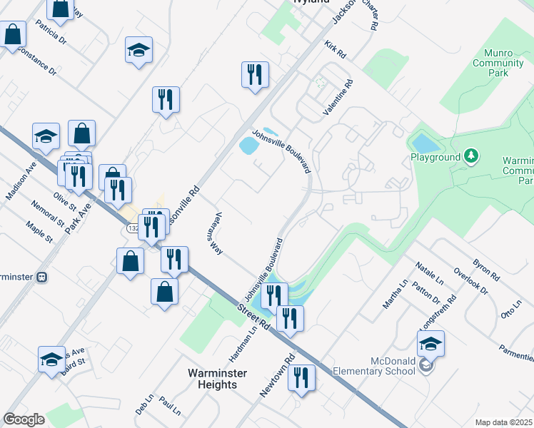 map of restaurants, bars, coffee shops, grocery stores, and more near 3 Jacksonville Road in Warminster