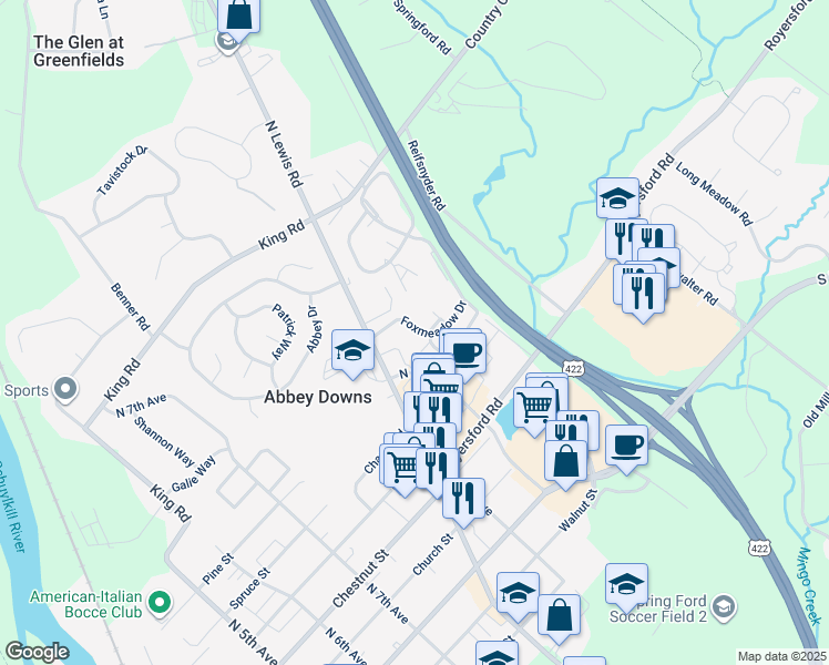 map of restaurants, bars, coffee shops, grocery stores, and more near 807 Foxmeadow Drive in Royersford