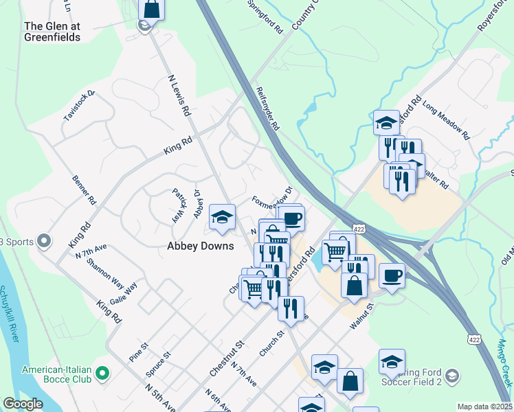 map of restaurants, bars, coffee shops, grocery stores, and more near 807 Foxmeadow Drive in Royersford