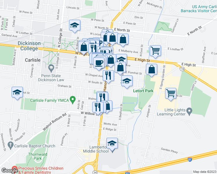 map of restaurants, bars, coffee shops, grocery stores, and more near 17 East South Street in Carlisle