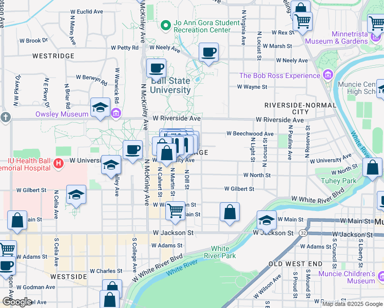 map of restaurants, bars, coffee shops, grocery stores, and more near 1523 West Ashland Avenue in Muncie