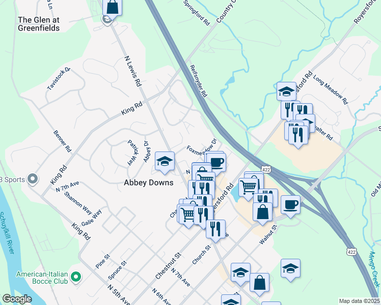 map of restaurants, bars, coffee shops, grocery stores, and more near 104 Foxmeadow Drive in Royersford