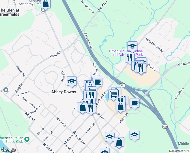 map of restaurants, bars, coffee shops, grocery stores, and more near in Royersford