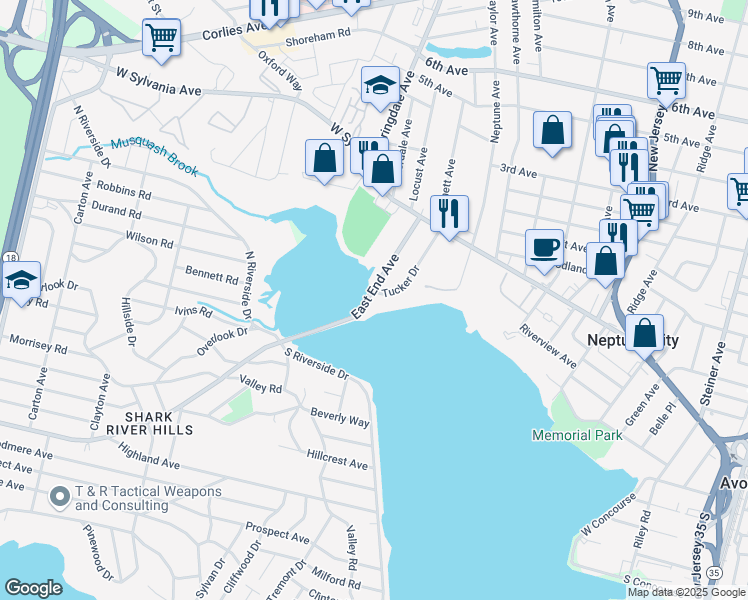 map of restaurants, bars, coffee shops, grocery stores, and more near 22 East End Avenue in Neptune City