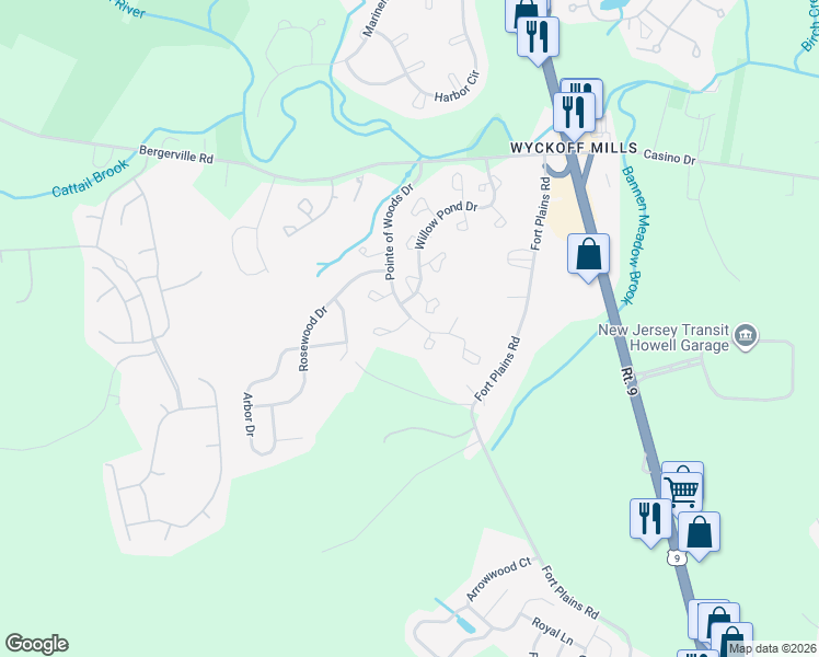 map of restaurants, bars, coffee shops, grocery stores, and more near 179 Pinetree Court in Howell Township