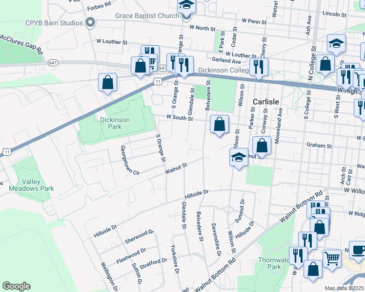 map of restaurants, bars, coffee shops, grocery stores, and more near 963 Walnut Lane in Carlisle