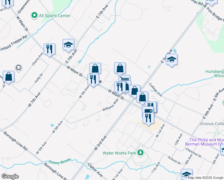 map of restaurants, bars, coffee shops, grocery stores, and more near 379 West Main Street in Collegeville