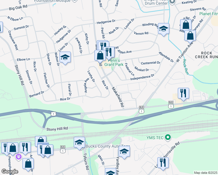 map of restaurants, bars, coffee shops, grocery stores, and more near 92 Rice Drive in Morrisville