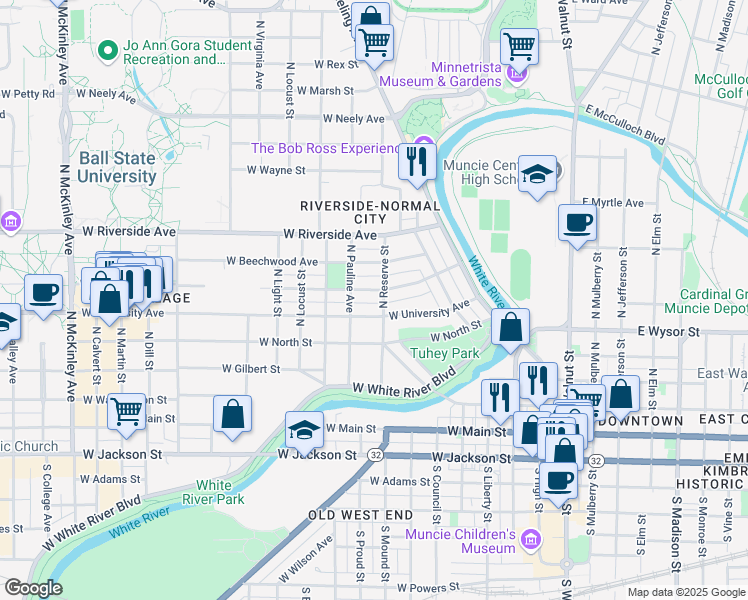 map of restaurants, bars, coffee shops, grocery stores, and more near 812 West Ashland Avenue in Muncie