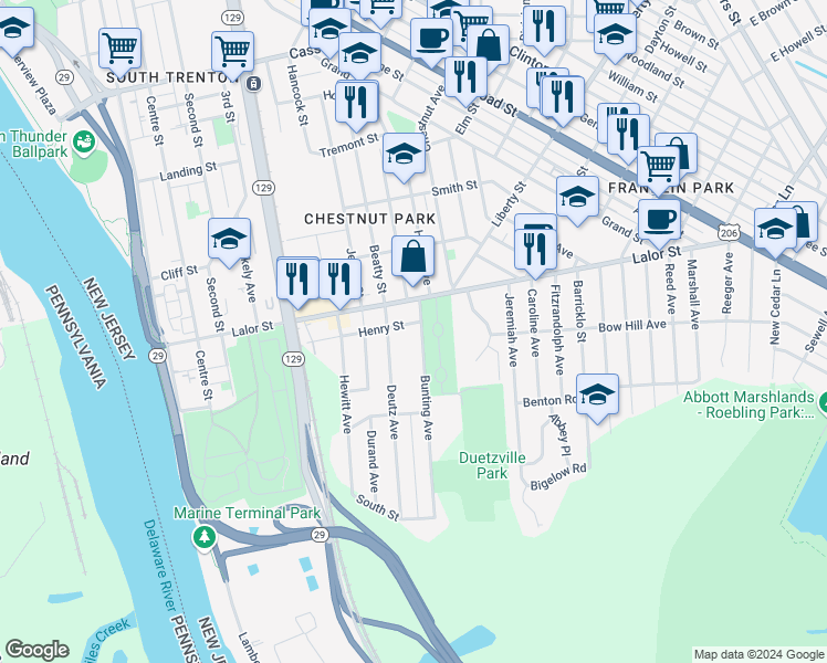 map of restaurants, bars, coffee shops, grocery stores, and more near 245 Henry Street in Hamilton Township