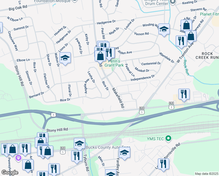 map of restaurants, bars, coffee shops, grocery stores, and more near 92 Rice Drive in Morrisville
