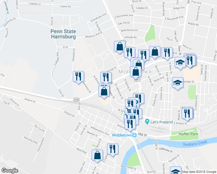 map of restaurants, bars, coffee shops, grocery stores, and more near 248 West Main Street in Middletown