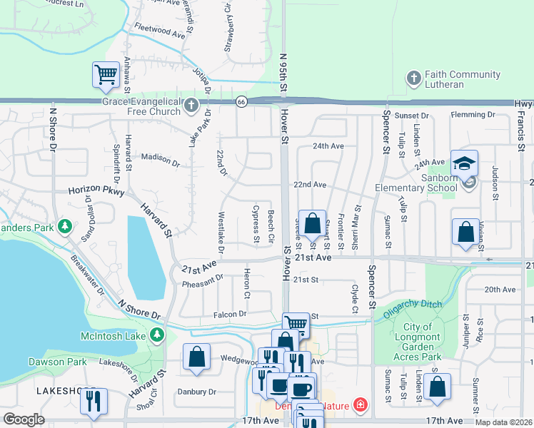 map of restaurants, bars, coffee shops, grocery stores, and more near 2674 Beech Circle in Longmont