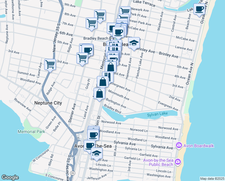 map of restaurants, bars, coffee shops, grocery stores, and more near 27 1/2 Pacific Avenue in Bradley Beach