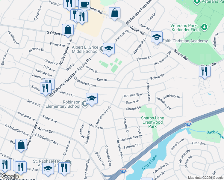 map of restaurants, bars, coffee shops, grocery stores, and more near 42 Englewood Boulevard in Hamilton Township