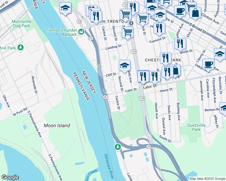 map of restaurants, bars, coffee shops, grocery stores, and more near 749 Centre Street in Trenton