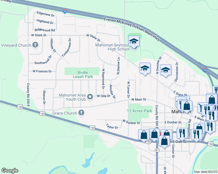 map of restaurants, bars, coffee shops, grocery stores, and more near 210 Jennifer Drive in Mahomet