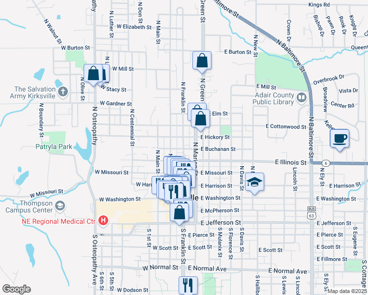 map of restaurants, bars, coffee shops, grocery stores, and more near 512 North Franklin Street in Kirksville