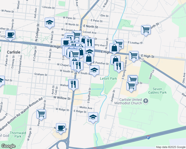 map of restaurants, bars, coffee shops, grocery stores, and more near 110 E Street in Carlisle