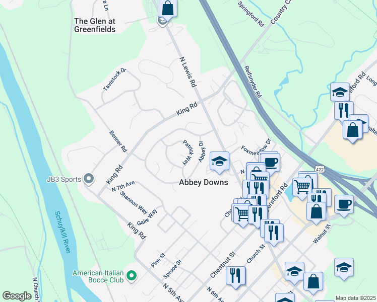 map of restaurants, bars, coffee shops, grocery stores, and more near 318 Patrick Way in Royersford