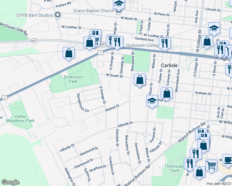 map of restaurants, bars, coffee shops, grocery stores, and more near 963 Walnut Lane in Carlisle