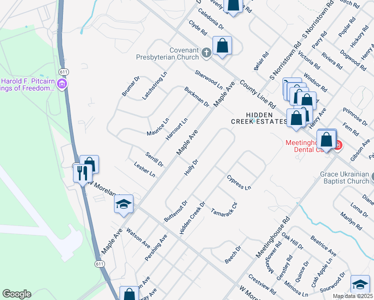 map of restaurants, bars, coffee shops, grocery stores, and more near 41 Maple Avenue in Hatboro