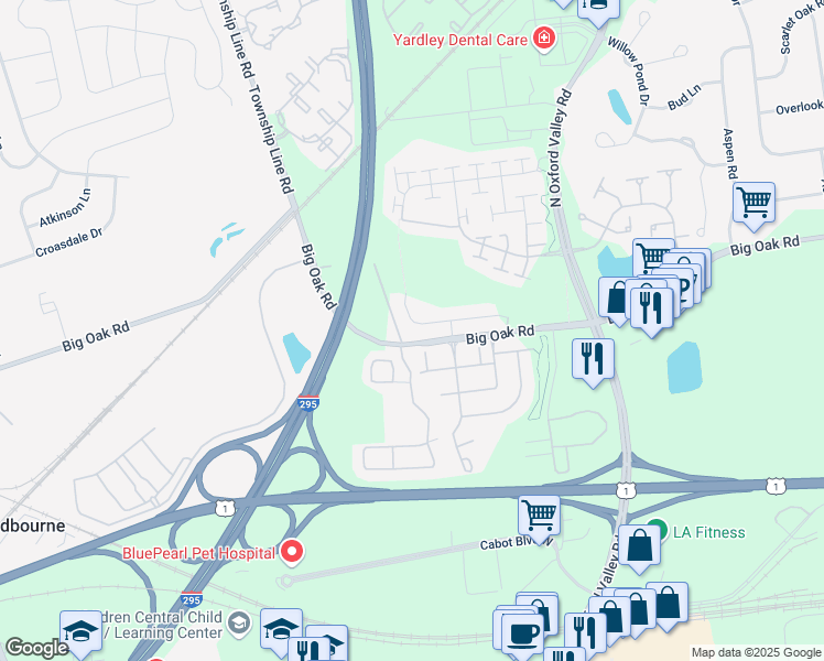 map of restaurants, bars, coffee shops, grocery stores, and more near 26 Griffin Way in Yardley