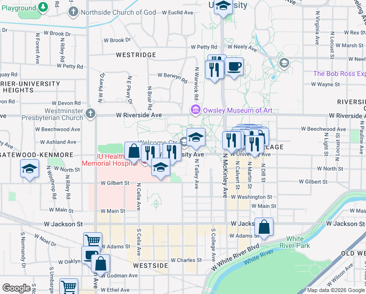 map of restaurants, bars, coffee shops, grocery stores, and more near in Muncie
