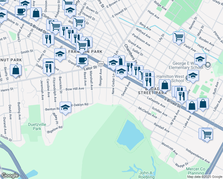 map of restaurants, bars, coffee shops, grocery stores, and more near 77 New Cedar Lane in Trenton