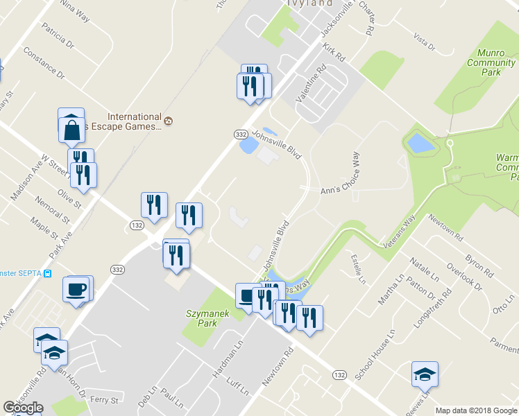map of restaurants, bars, coffee shops, grocery stores, and more near 1 Jacksonville Road in Warminster