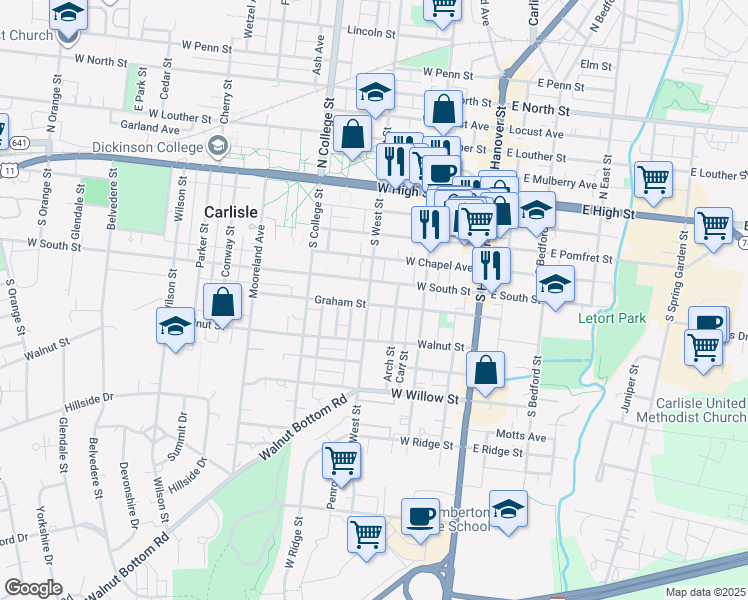 map of restaurants, bars, coffee shops, grocery stores, and more near 225 South West Street in Carlisle