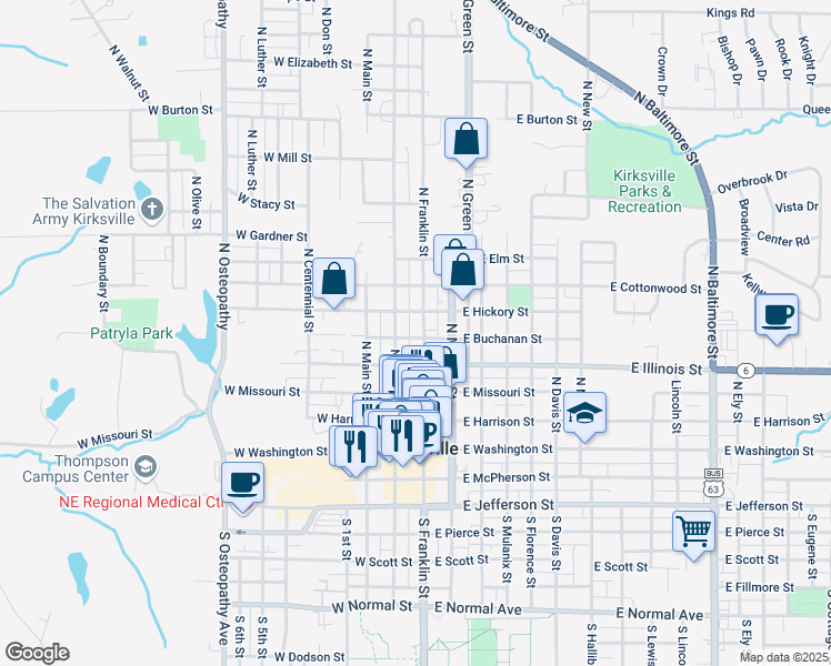 map of restaurants, bars, coffee shops, grocery stores, and more near 512 North Franklin Street in Kirksville