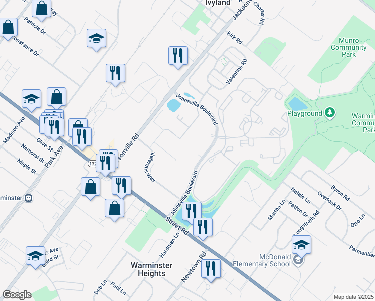 map of restaurants, bars, coffee shops, grocery stores, and more near 1 Jacksonville Road in Warminster