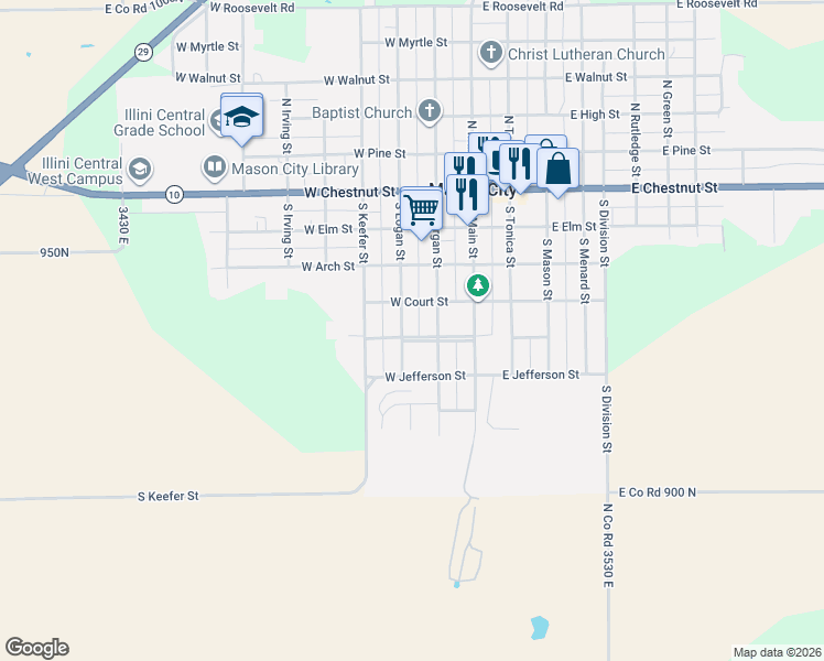 map of restaurants, bars, coffee shops, grocery stores, and more near 409 South Logan Street in Mason City