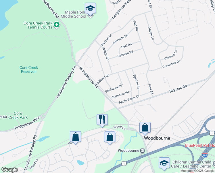 map of restaurants, bars, coffee shops, grocery stores, and more near 723 Paxson Lane in Langhorne