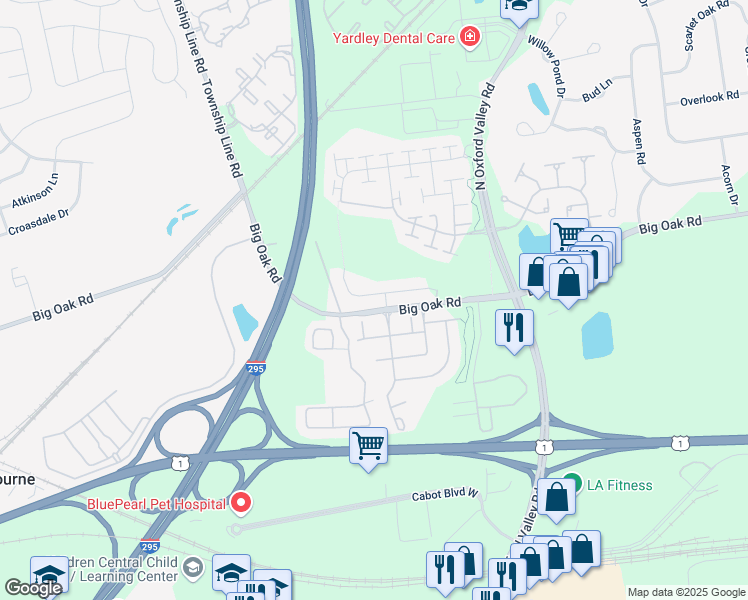 map of restaurants, bars, coffee shops, grocery stores, and more near 40 Griffin Way in Yardley
