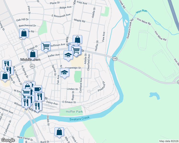 map of restaurants, bars, coffee shops, grocery stores, and more near 221 Hoffer Street in Middletown