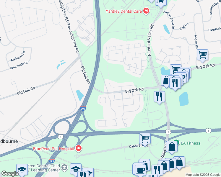 map of restaurants, bars, coffee shops, grocery stores, and more near 26 Griffin Way in Yardley