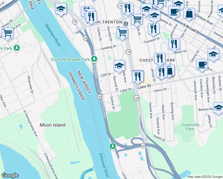 map of restaurants, bars, coffee shops, grocery stores, and more near 749 Centre Street in Trenton