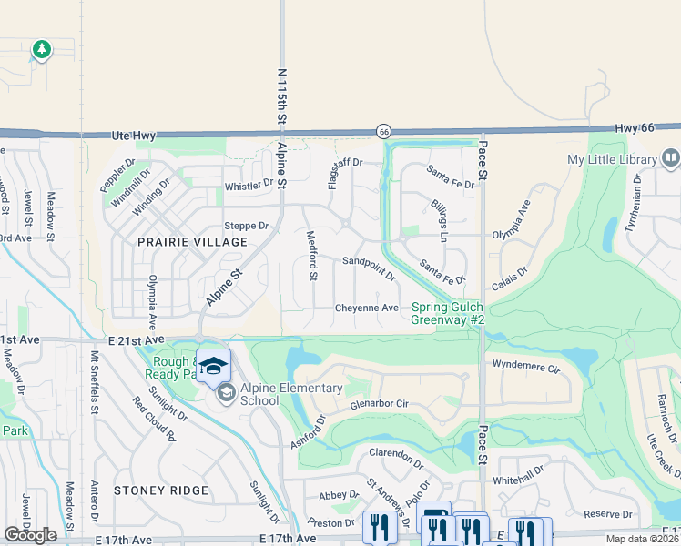 map of restaurants, bars, coffee shops, grocery stores, and more near 2134 Astoria Lane in Longmont
