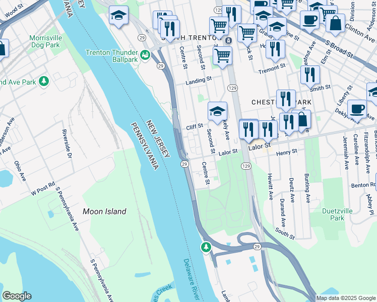 map of restaurants, bars, coffee shops, grocery stores, and more near 749 Centre Street in Trenton