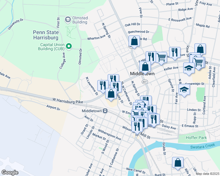 map of restaurants, bars, coffee shops, grocery stores, and more near 247 West Main Street in Middletown