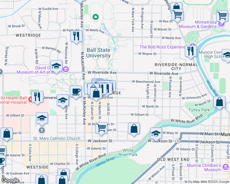 map of restaurants, bars, coffee shops, grocery stores, and more near 1523 West Ashland Avenue in Muncie